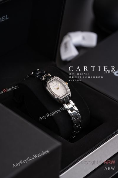 High Quality Replica CARTIER Tonneau Collection Silver Stainless Steel Bracelet White Face Dial Stainless Steel Diamond Inlaid Barrel Shaped Integrated Case Watch 27mm